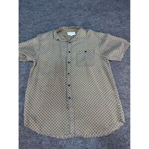 Whitby Mens Short Sleeve Button Down Shirt Tan Navy Geometric Grid Pattern XL